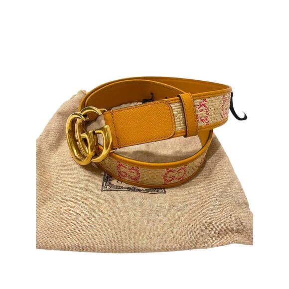Gucci GG Marmont G Print Raffia Straw Wide Belt 90 Tan Pink Yellow - Picture 16 of 16